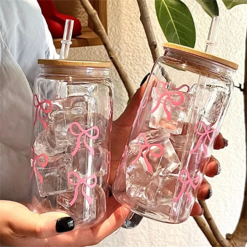Training Cup Straw - كوب زجاجي بتصميم فيونكة لطيفة سعة